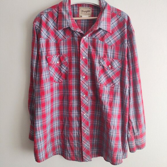 Wrangler Vintage Mens Western Shirt XXL Pearl Snap Red Blue Check Cowboy - Picture 1 of 9